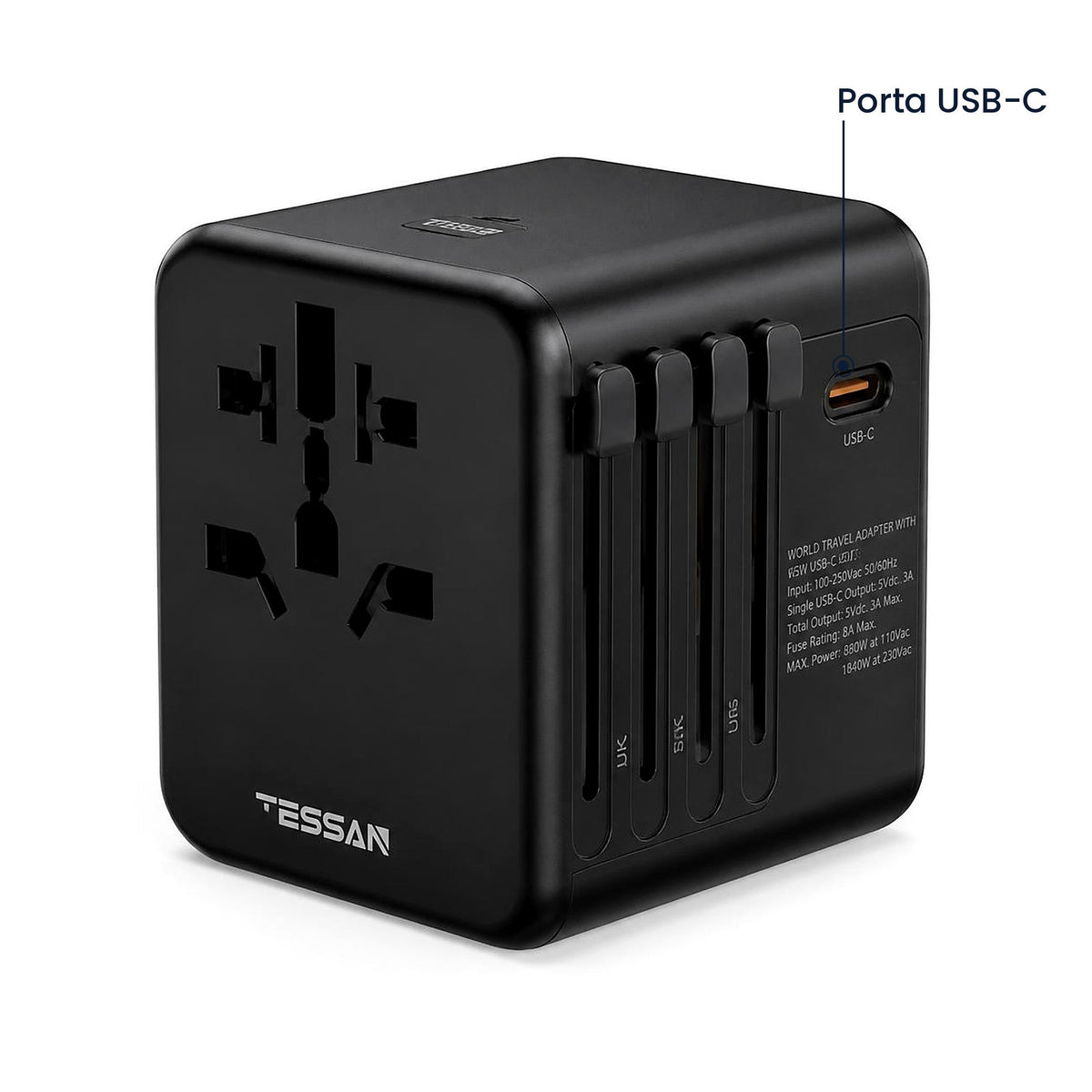 Adaptador universal LENCENT preto com indicação da porta USB-C