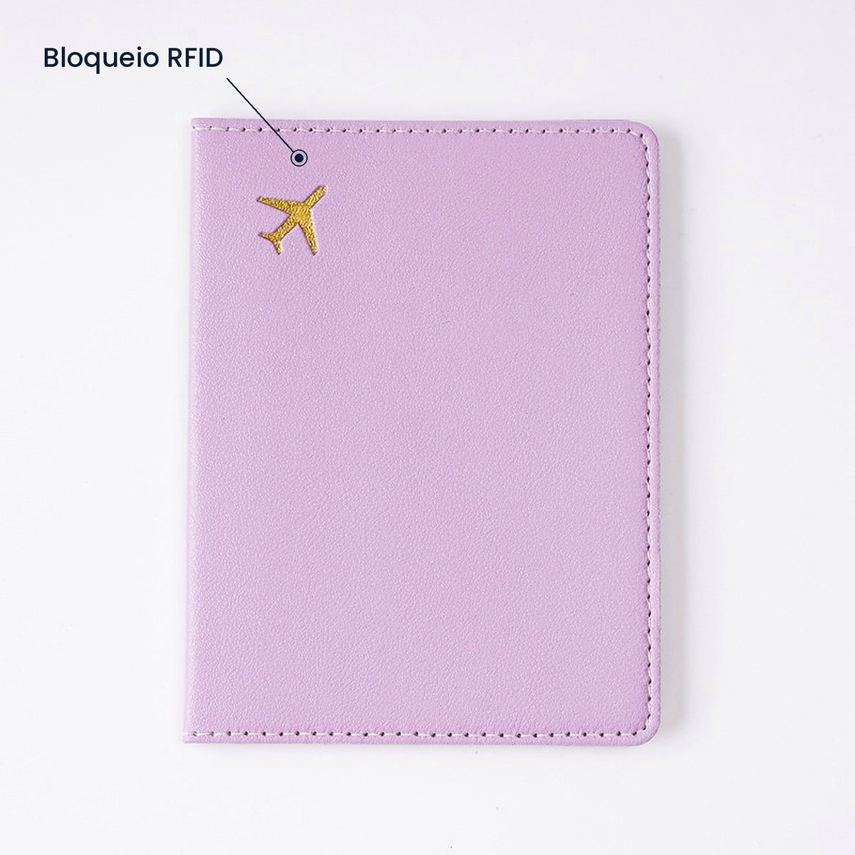 Carteira de passaporte lilás com indicação de bloqueio RFID