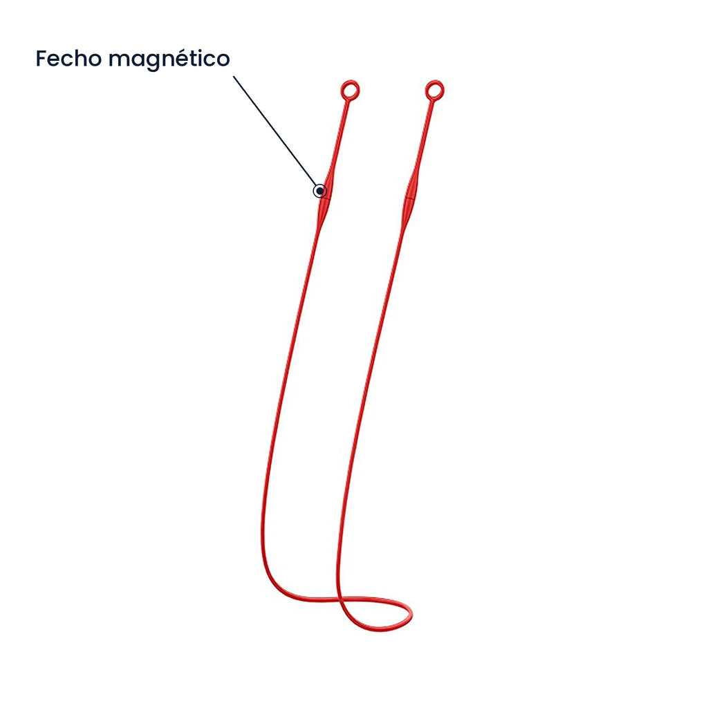 Cordão magnético vermelho com indicação do fecho magnético