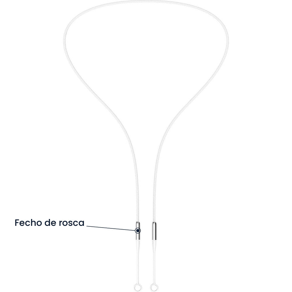 Cordão de metal branco com indicação do fecho de rosca