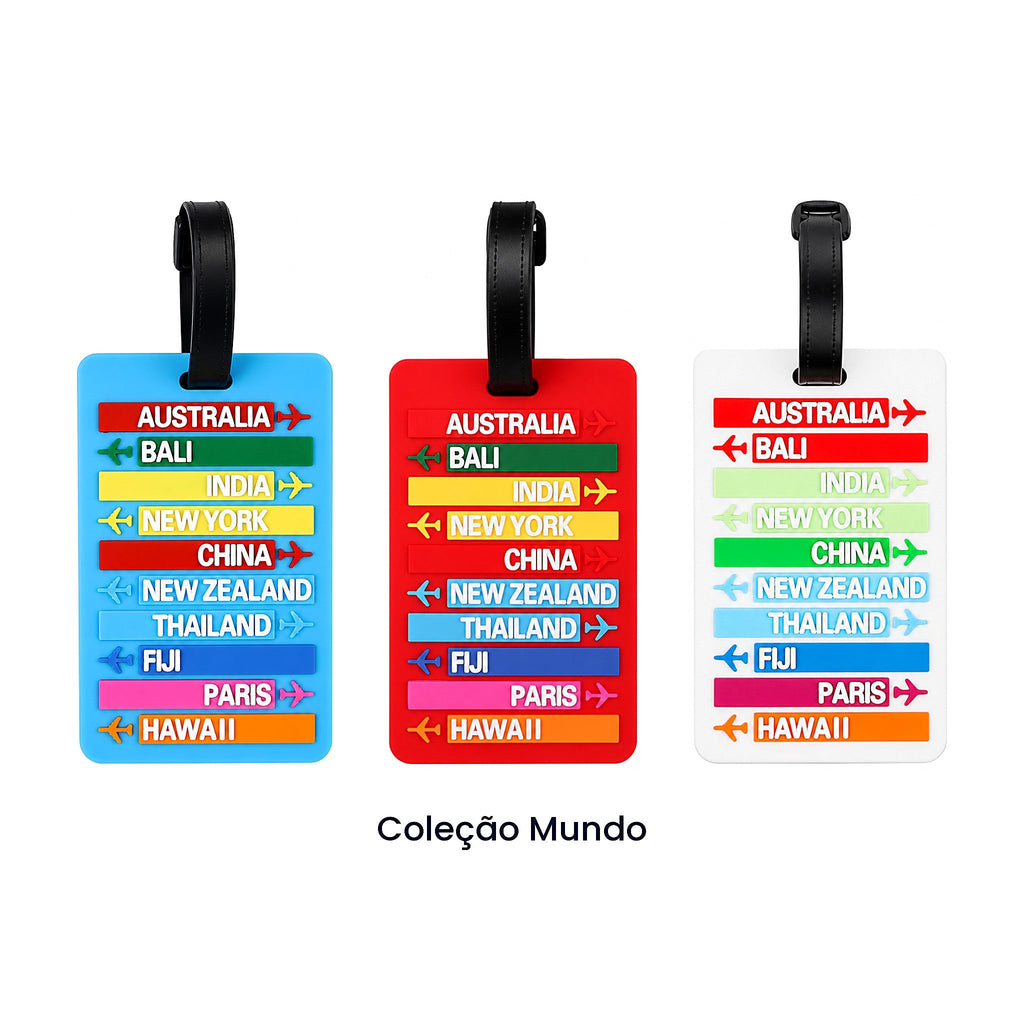 Identificadores de mala da coleção Mundo em azul-claro, vermelho e branco