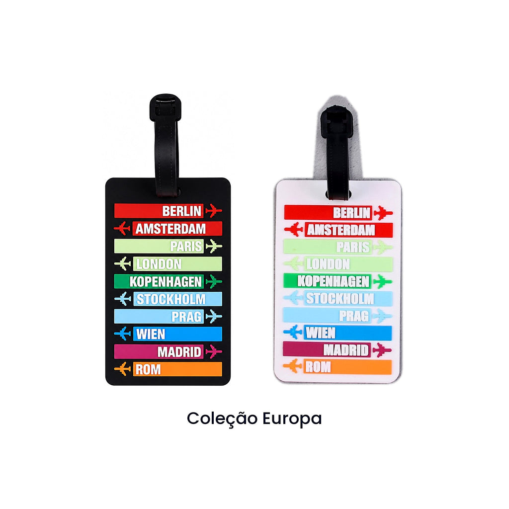 Identificadores de mala da coleção Europa em preto e branco