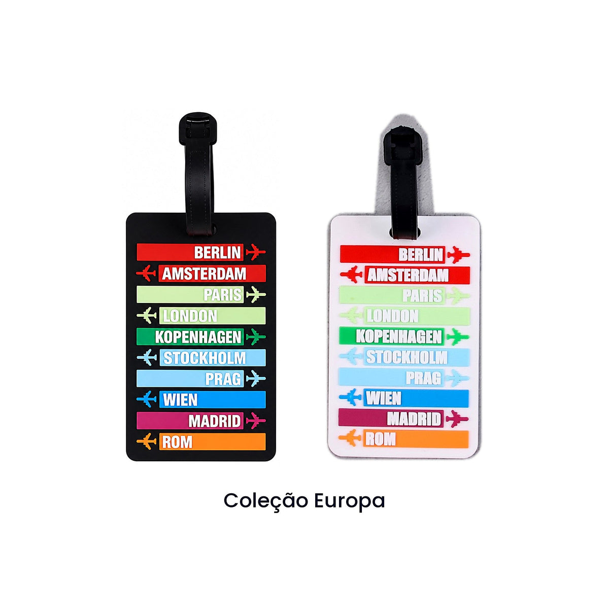 Identificadores de mala da coleção Europa em preto e branco
