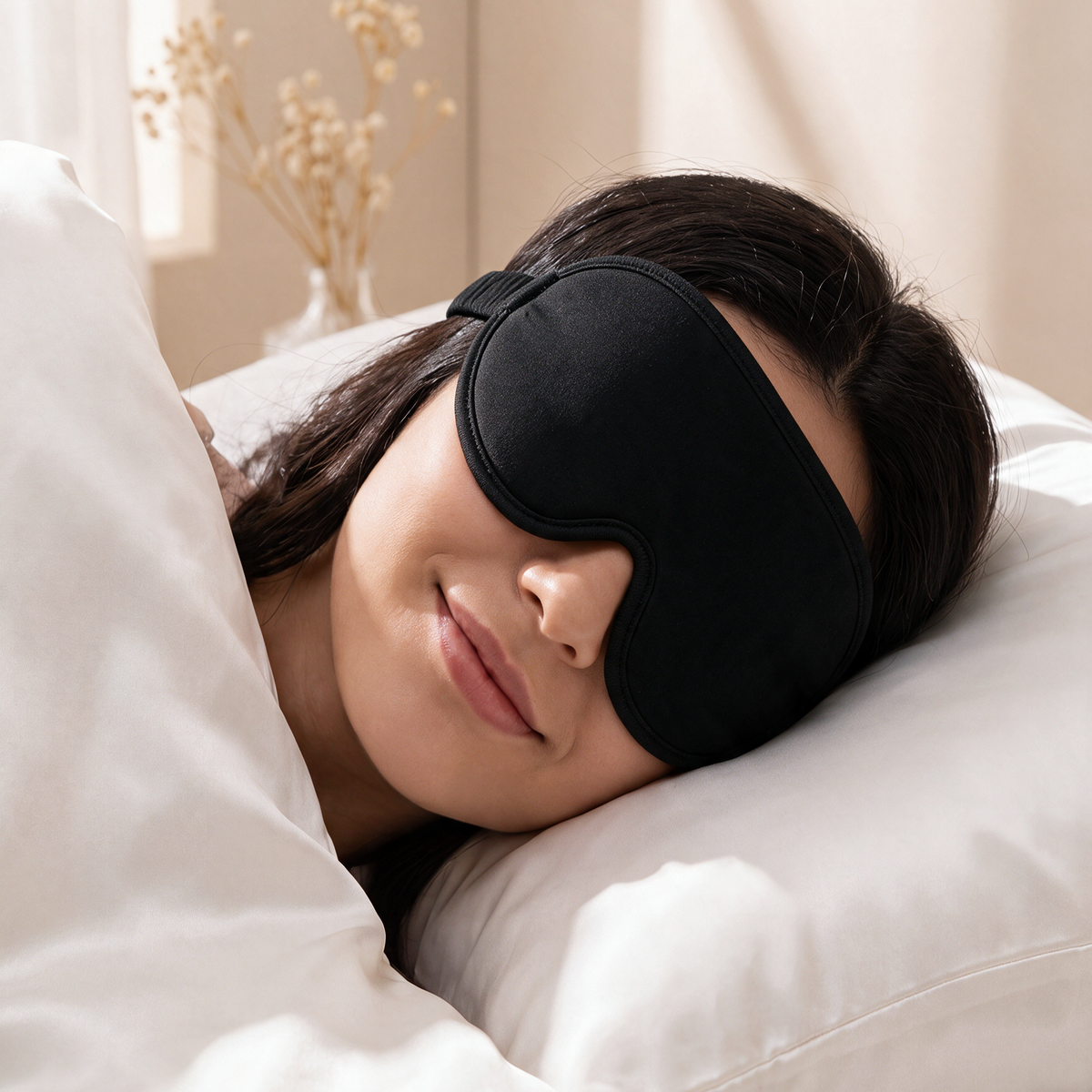 Mulher a dormir com a máscara de dormir preta