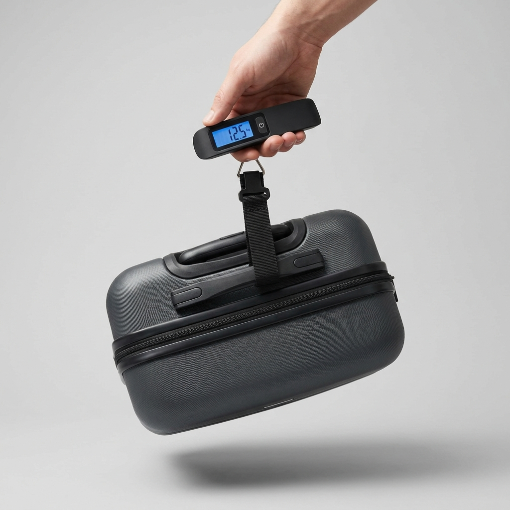 Báscula de Bagagem Digital - a pesar a mala com o visor a mostrar o peso