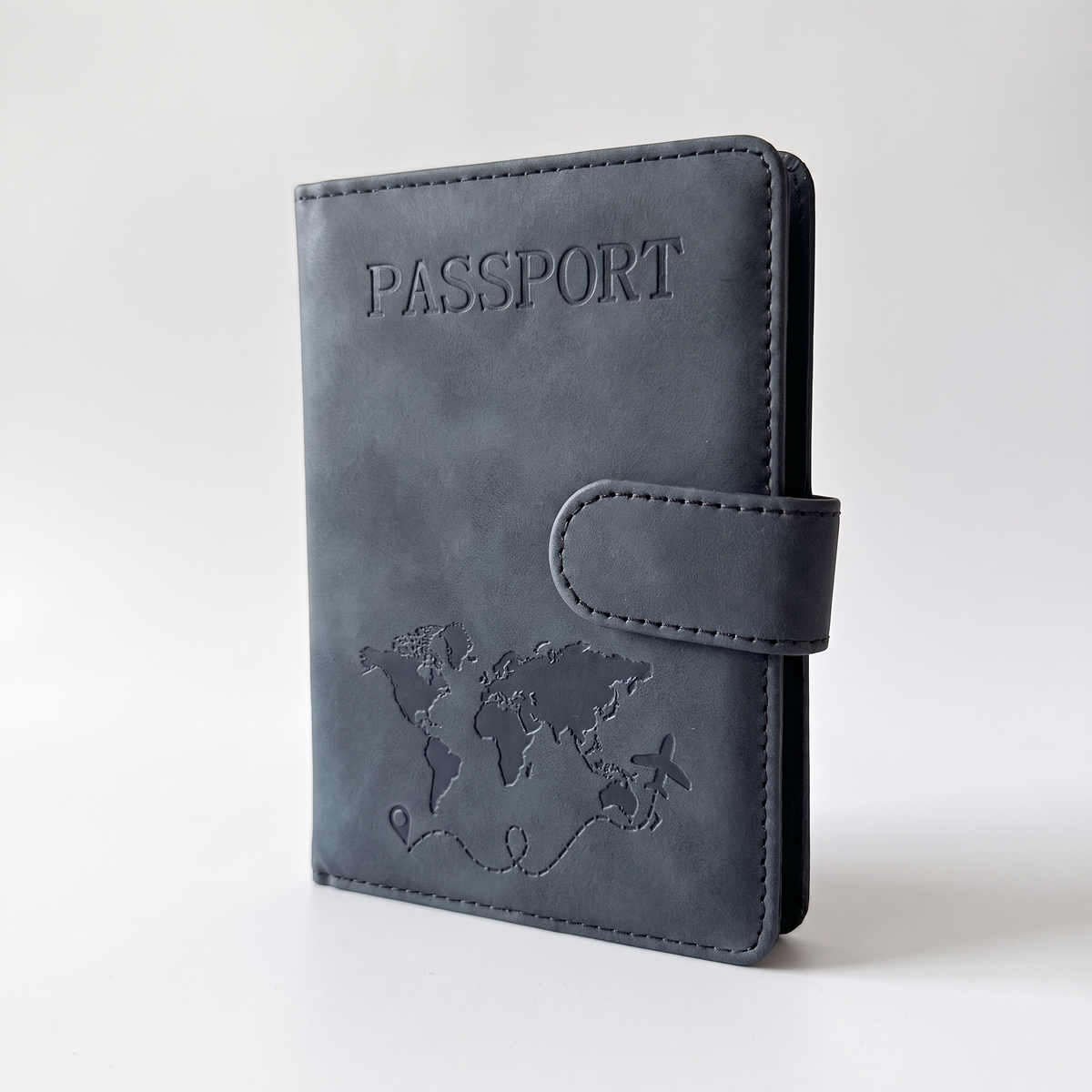 Passport Wallet Premium cinzento com fecho magnético e mapa-múndi gravado