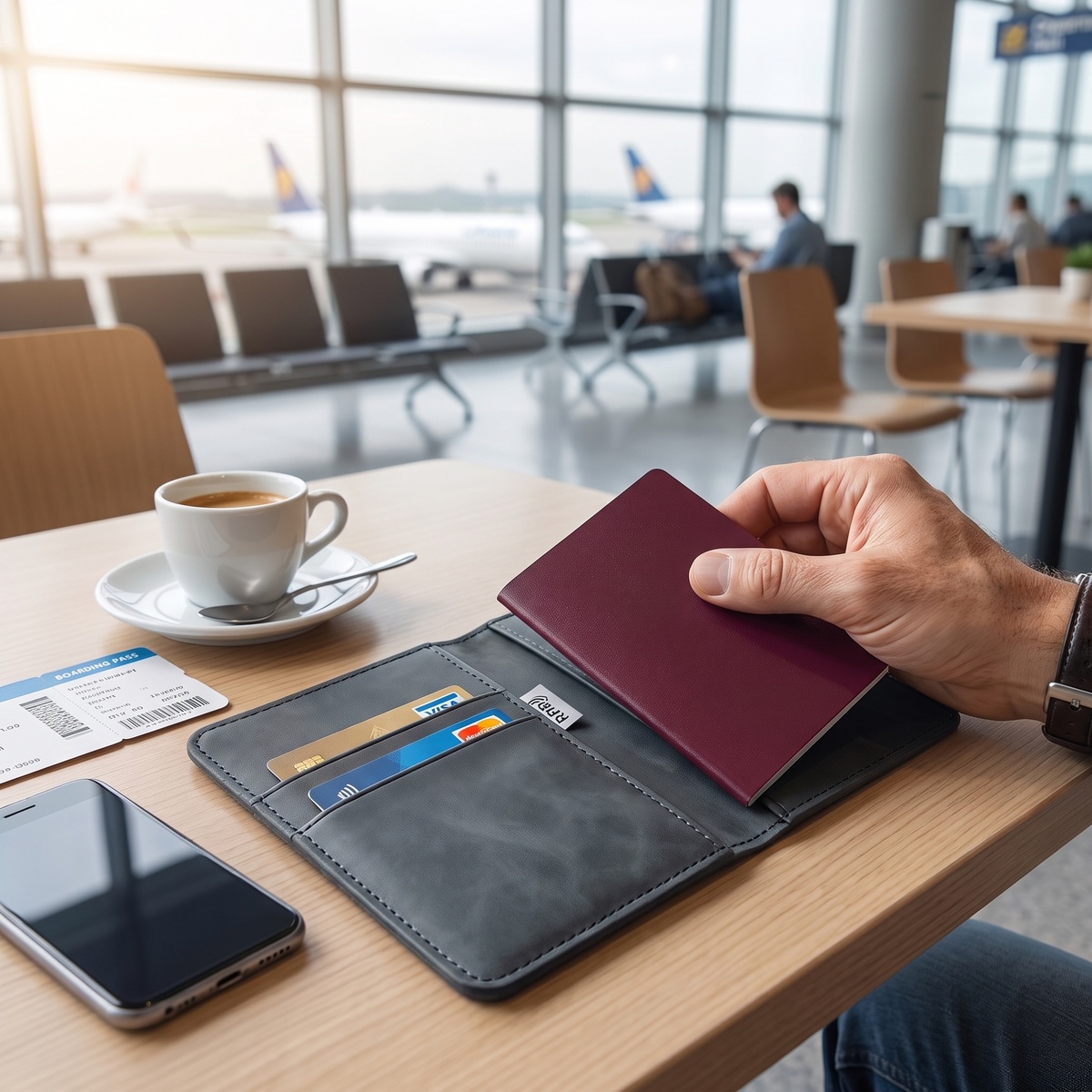 Passport Wallet Premium aberto com passaporte e cartões numa mesa de aeroporto
