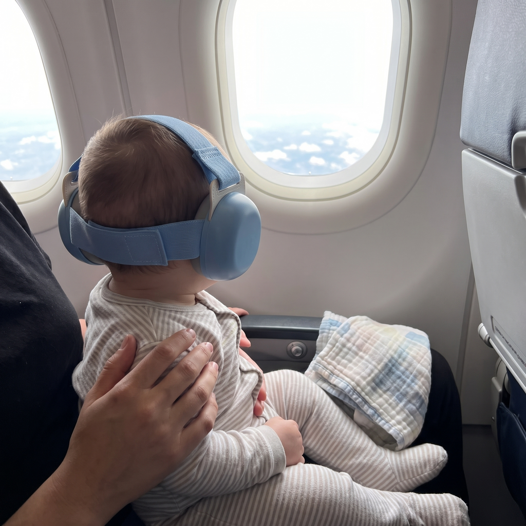 Bebé ao colo no avião a usar os protetores KID-FI azul-claro