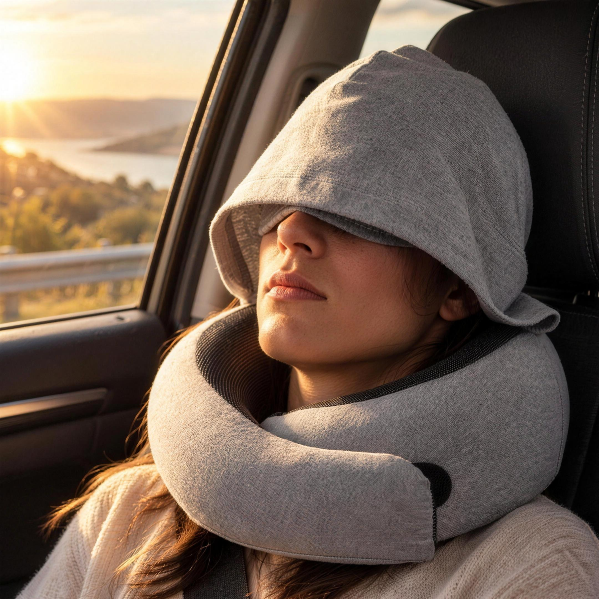 Mulher a dormir no carro com a almofada com capuz