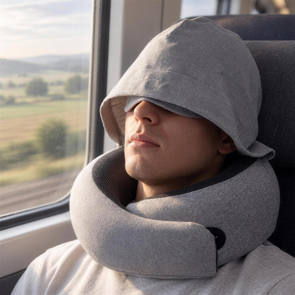 Homem a dormir no comboio com a almofada com capuz