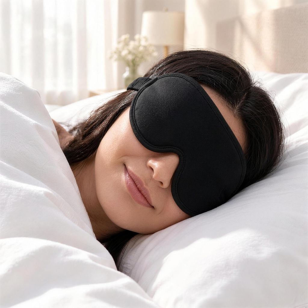 Mulher a dormir de máscara de seda num quarto luminoso