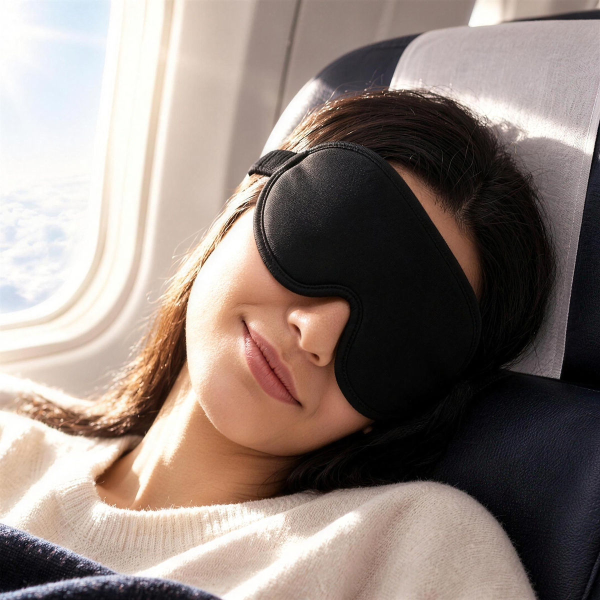 Homem a dormir no avião com máscara de seda apesar do sol