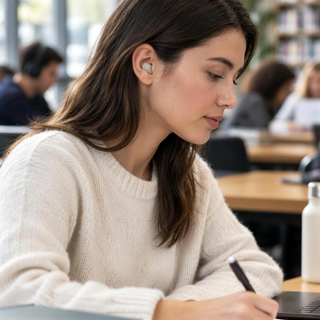 Estudante concentrada na biblioteca com tampão OPEIIN no ouvido