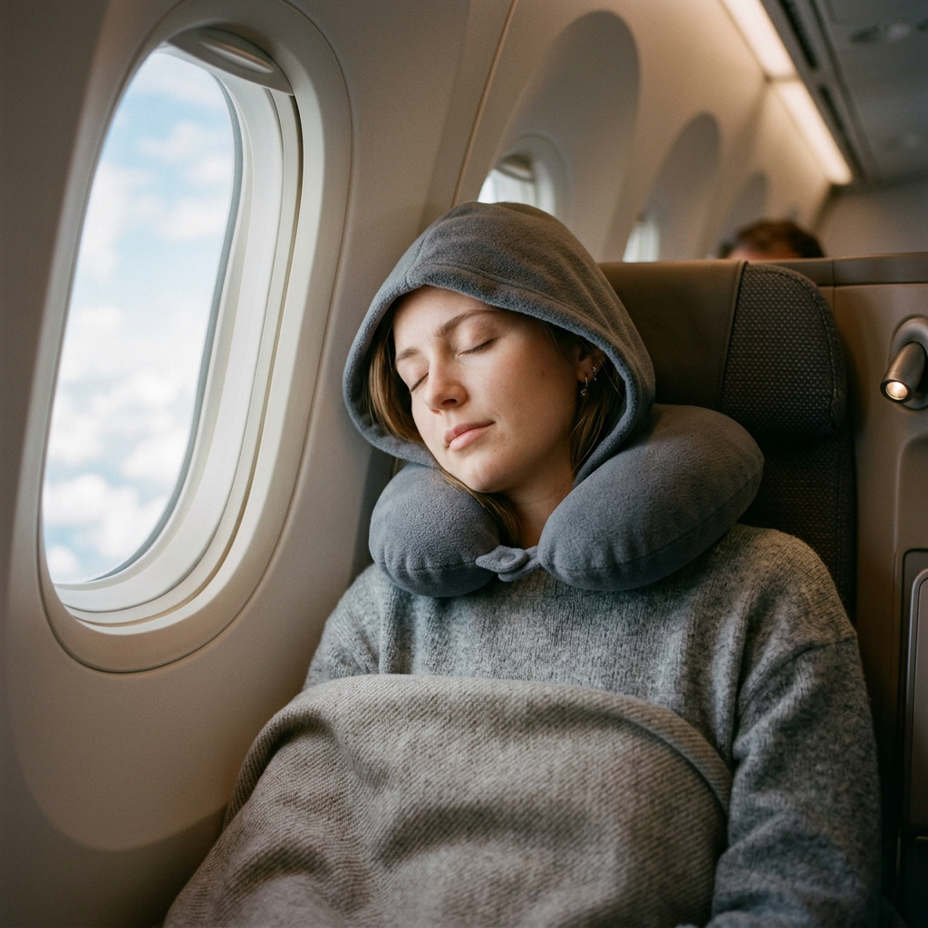 Pessoa a descansar num aviao com a almofada de pescoco Sleep and Fly